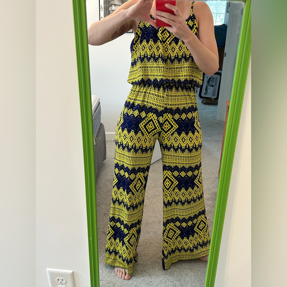 Yellow and blue graphic patterned full length jumpsuit with adjustable straps